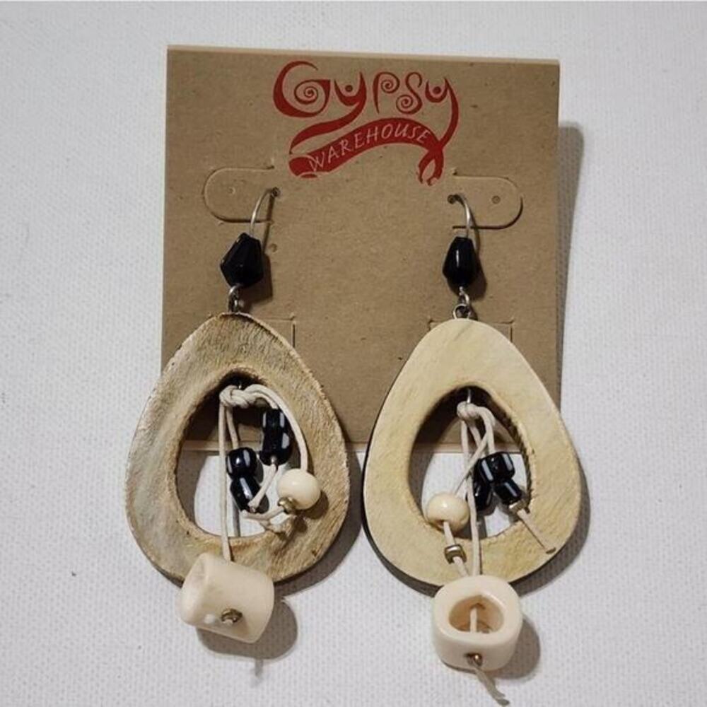 Treska Wood Teardrop Beaded Drop Earrings Black‎ Cream Boho Tribal NEW